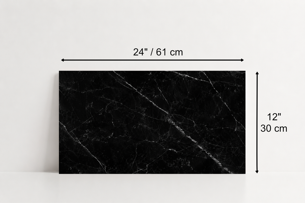 TILE BLACK POLISHED MARBLE 12" x 24" x 3/8" VEIN CUT