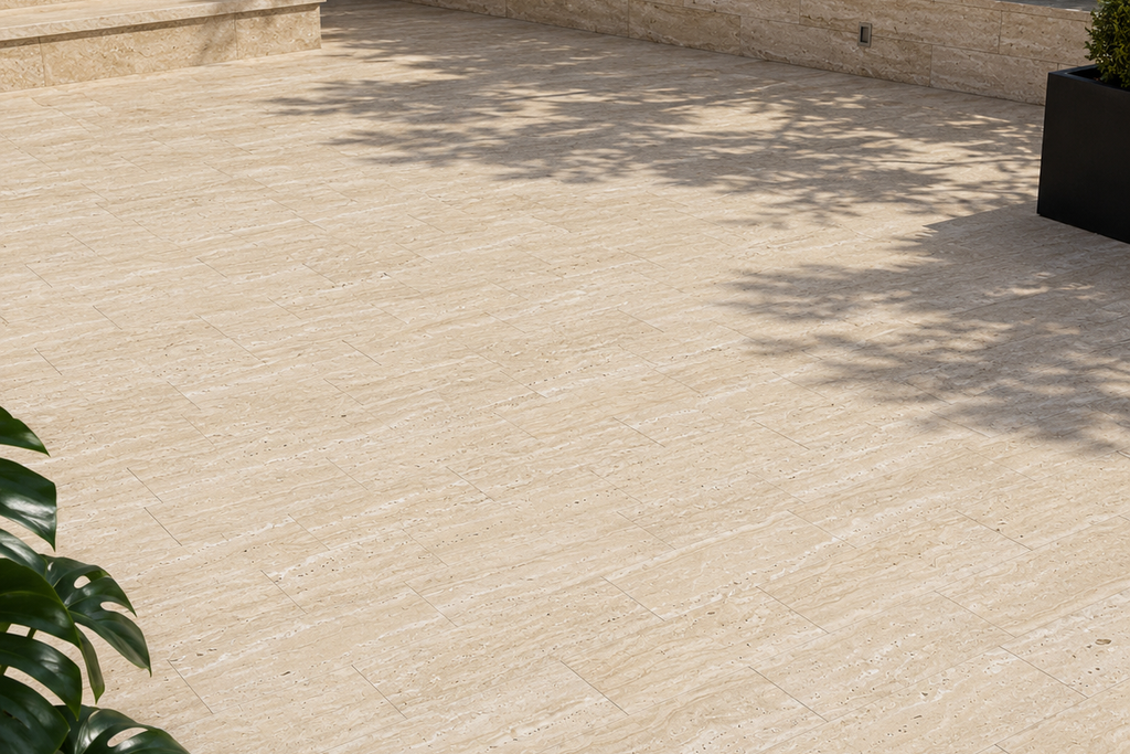 PAVERS BEIGE HAMMERED TRAVERTINE 6" X 12" X 1 1/4" VEIN CUT