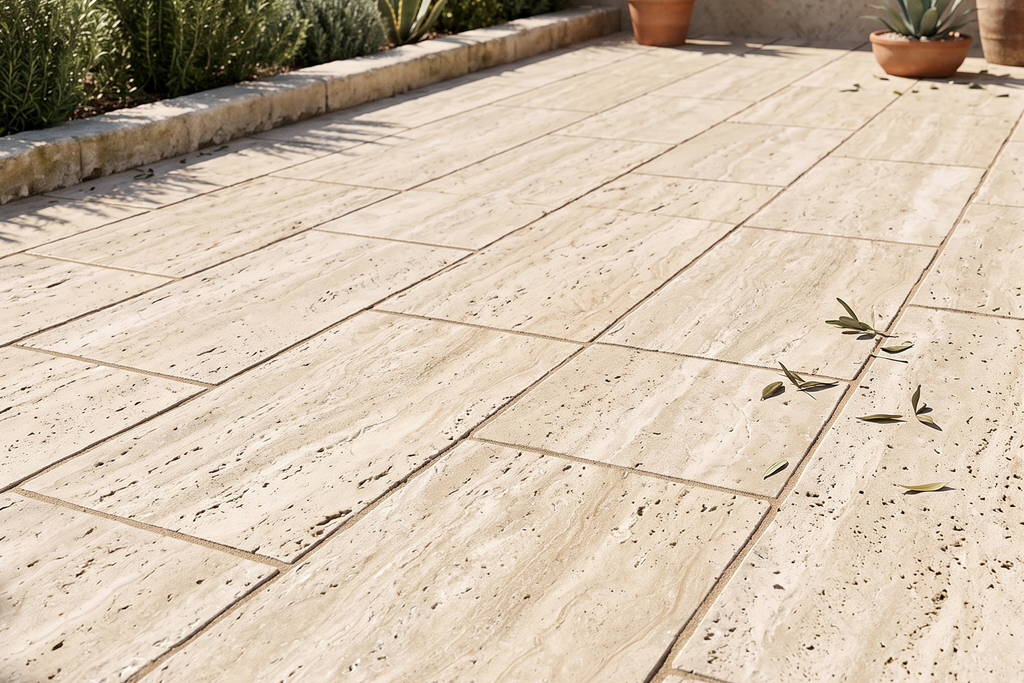 PAVERS BEIGE HAMMERED TRAVERTINE 12" X 24" X 1 1/4" VEIN CUT