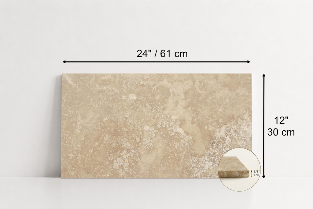 TILE BEIGE HONED TRAVERTINE 12" x 24" x 3/8 CROSS CUT