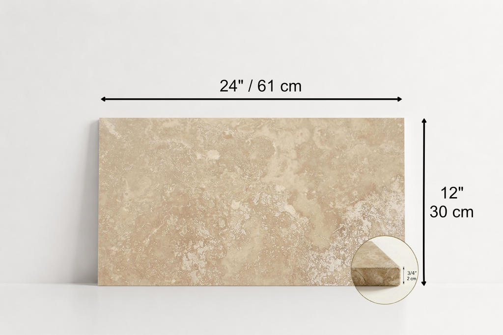 TILE BEIGE HONED TRAVERTINE 12" x 24" x 3/4 CROSS CUT
