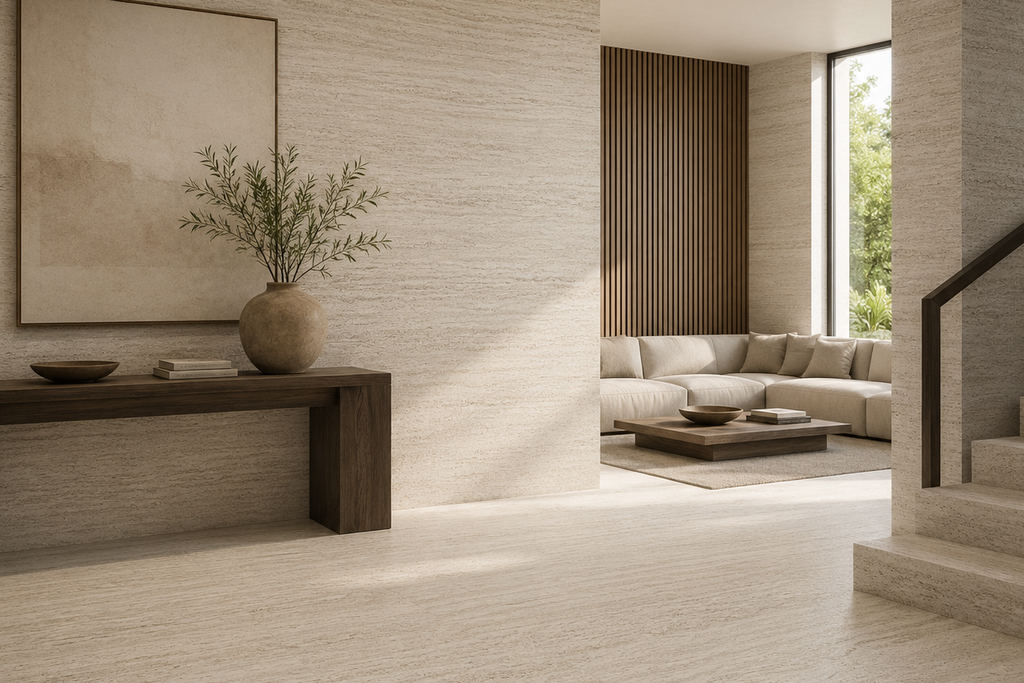 SLAB BEIGE HONED TRAVERTINE 71" x 100" x 3/4" VEIN CUT