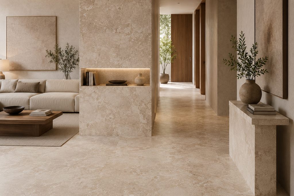 SLAB BEIGE LEATHER TRAVERTINE 71" x 100" x 3/4" CROSS CUT