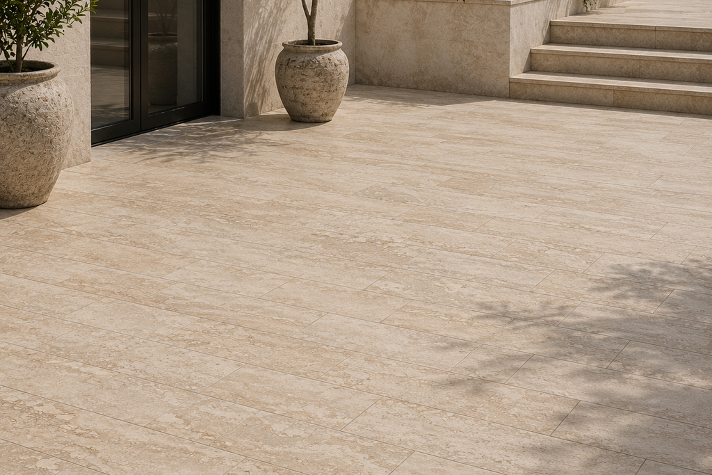 PAVERS BEIGE LEATHER TRAVERTINE 6" X 12" X 1 1/4" VEIN CUT