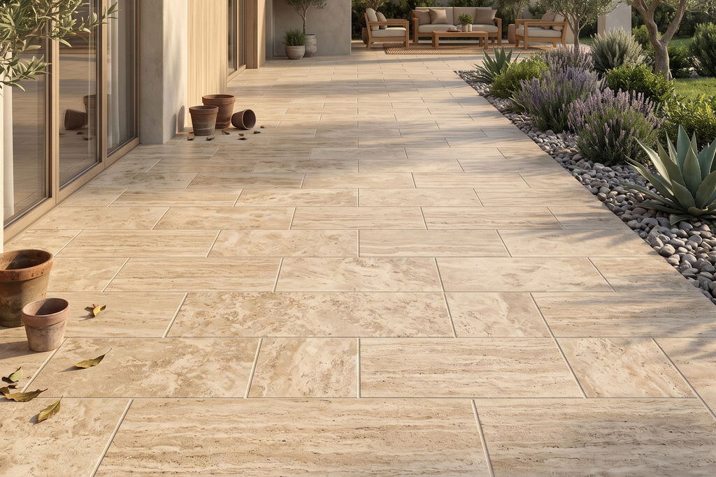 PAVERS BEIGE LEATHER TRAVERTINE 12" X 24" X 1 1/4" VEIN CUT