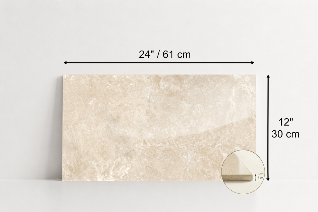 TILE BEIGE POLISHED TRAVERTINE 12" x 24" x 3/8 CROSS CUT