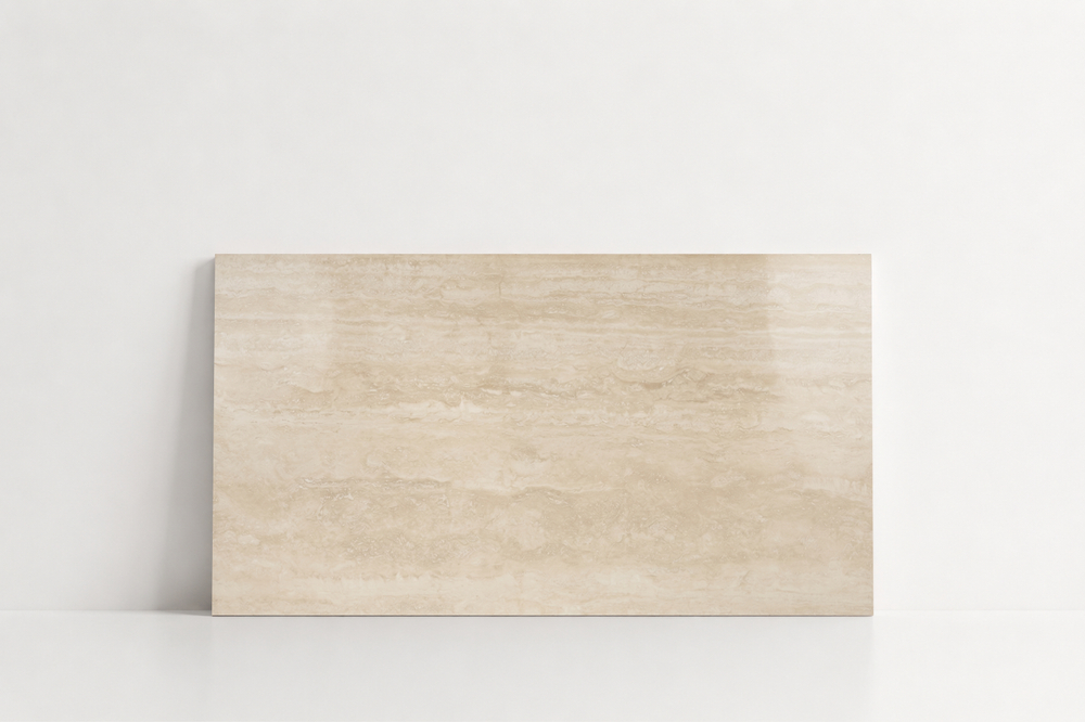 TILE BEIGE POLISHED TRAVERTINE 12" x 24" x 3/8 VEIN CUT