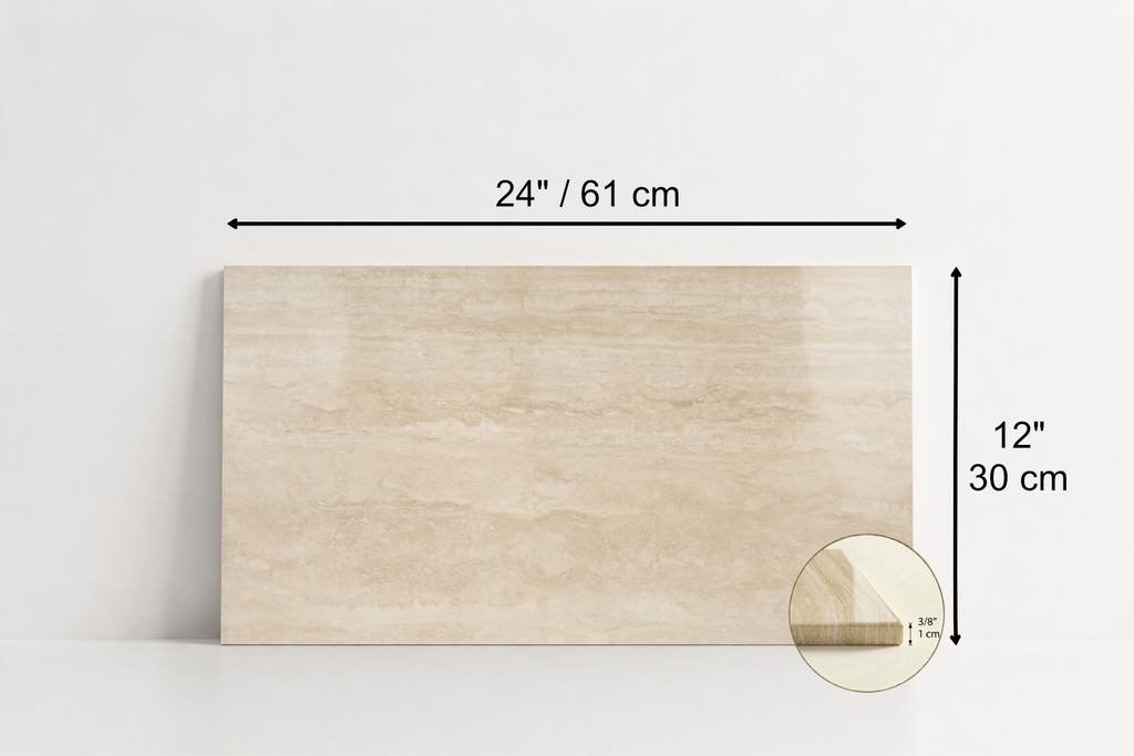 TILE BEIGE POLISHED TRAVERTINE 12" x 24" x 3/8 VEIN CUT