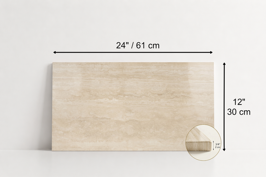 TILE BEIGE POLISHED TRAVERTINE 12" x 24" x 3/4 VEIN CUT