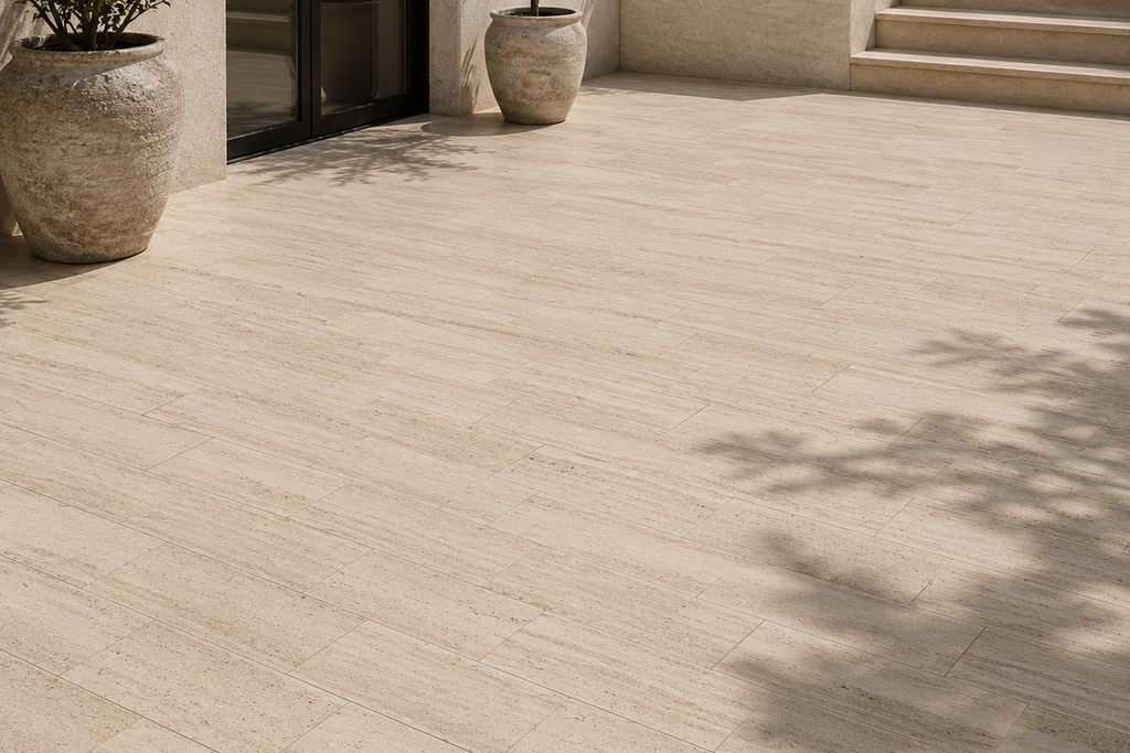 PAVERS BEIGE SANDBLASTED TRAVERTINE 6" X 12" X 1 1/4" VEIN CUT