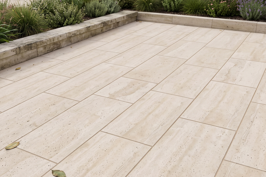PAVERS BEIGE SANDBLASTED TRAVERTINE 12" X 24" X 1 1/4" VEIN CUT