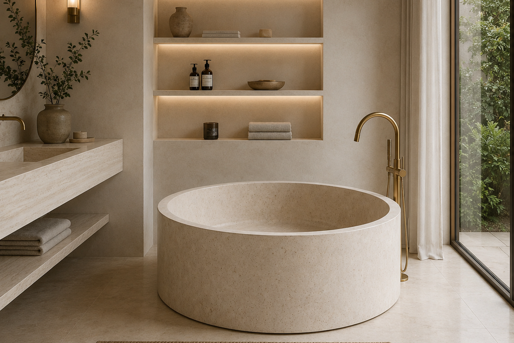 Travertine Ivory  Bathtub in Japanese Soaking Tub style 2 person extra Large