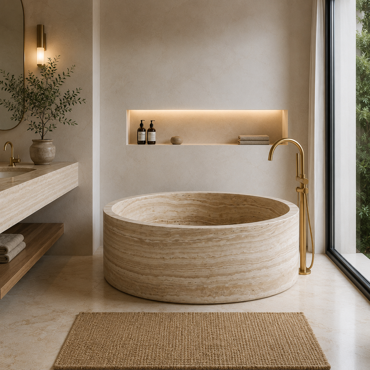 Travertine Beige  Bathtub in Japanese Soaking Tub style 2 person extra Large