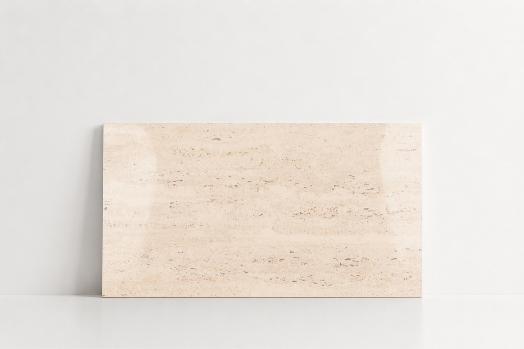 TILE IVORY POLISHED TRAVERTINE 12" x 24" x 3/8 CROSS CUT