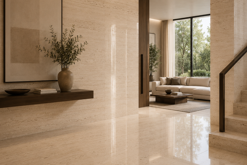 SLAB IVORY POLISHED TRAVERTINE 71" x 100" x 3/4" CROSS CUT