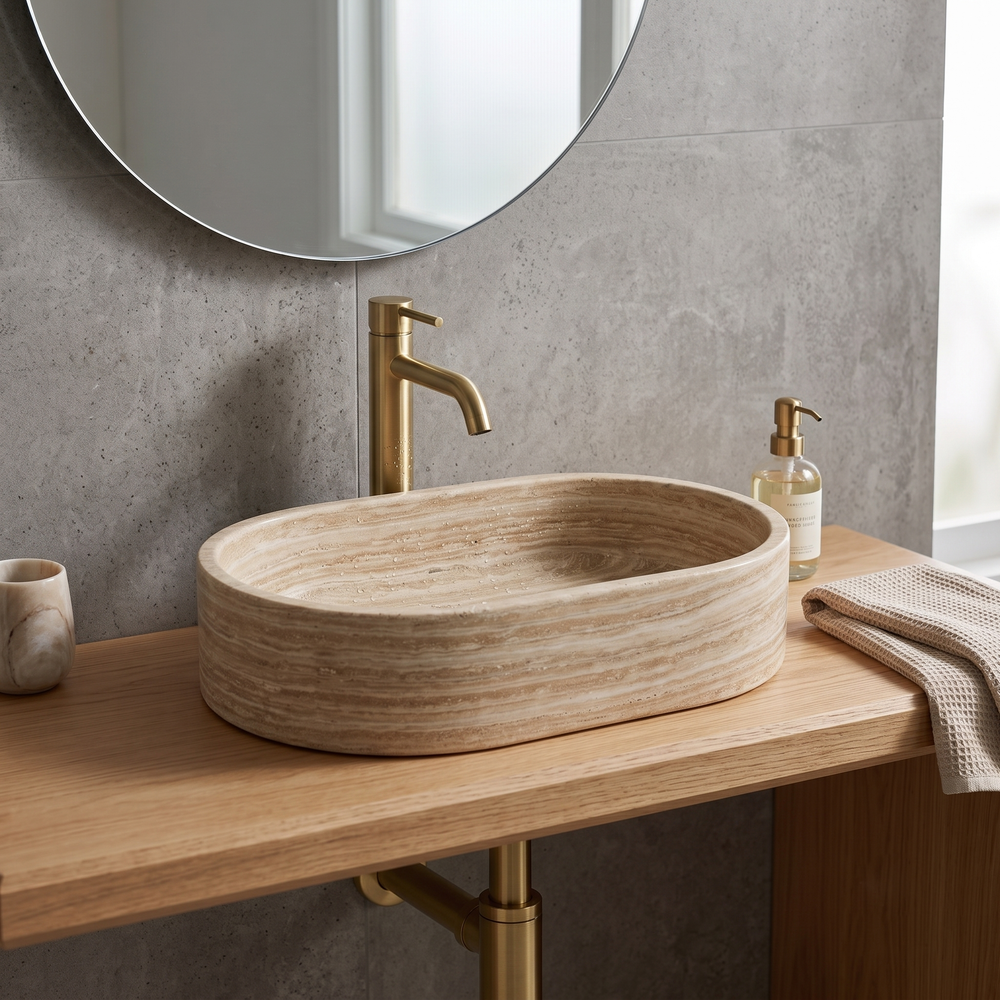 Oval Stone Basin Marble Travertine Beige