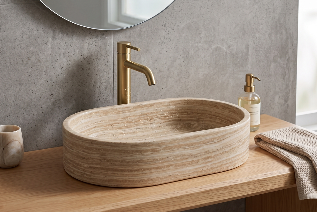 Oval Stone Basin Travertine Beige
