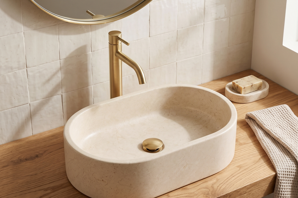 Oval Stone Basin Travertine Ivory