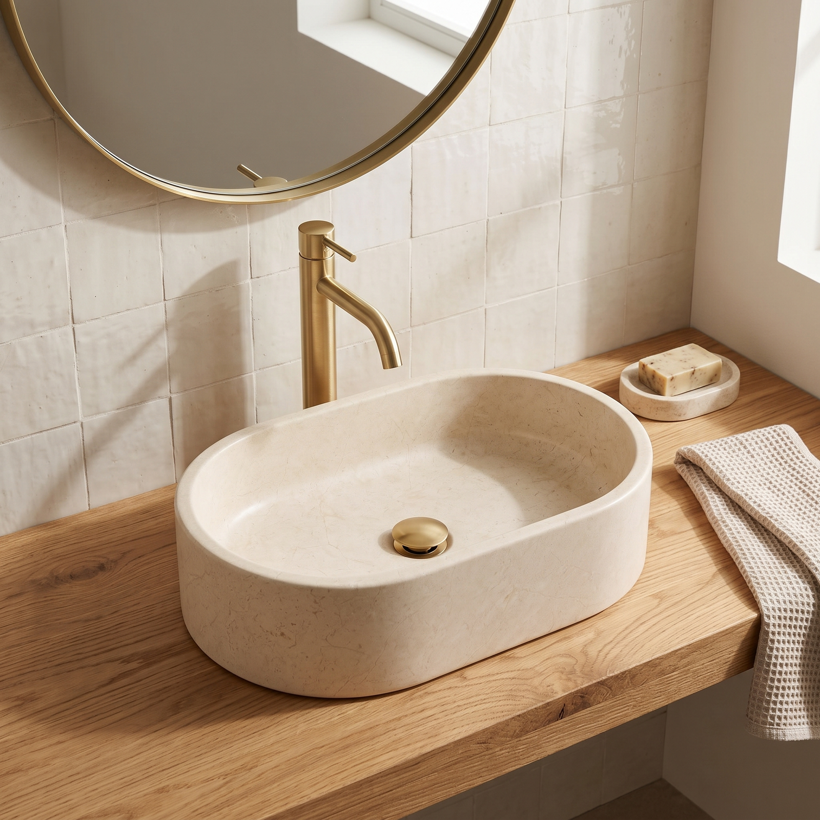 Oval Stone Basin Marble Travertine Ivory