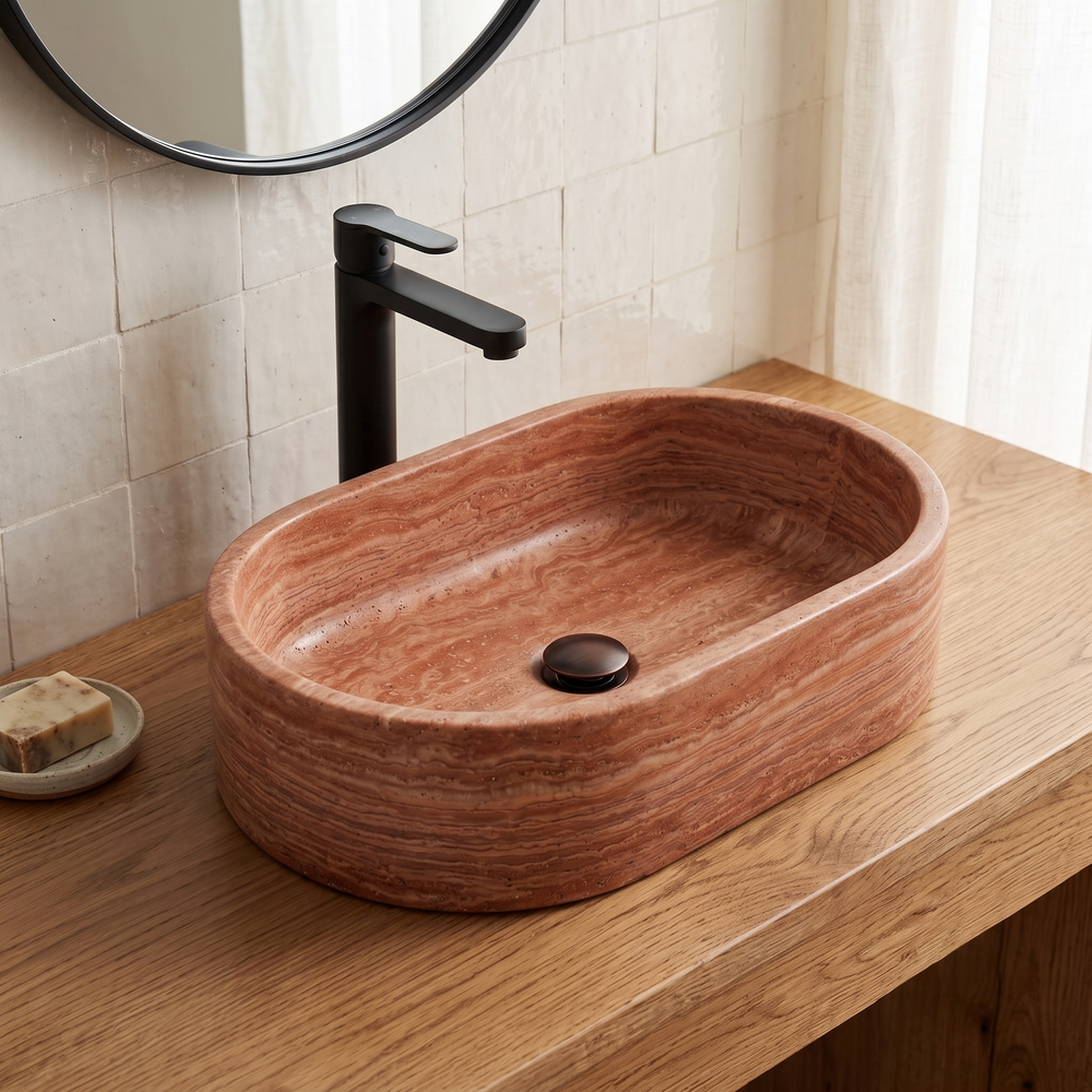 Oval Stone Basin Marble Travertine Red