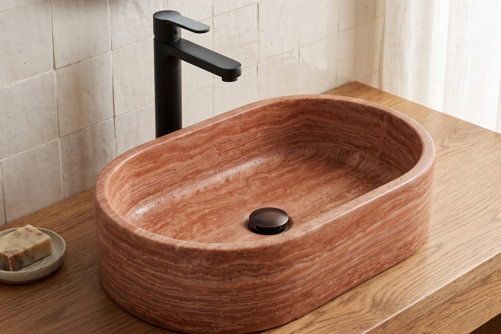 Oval Stone Basin Travertine Red