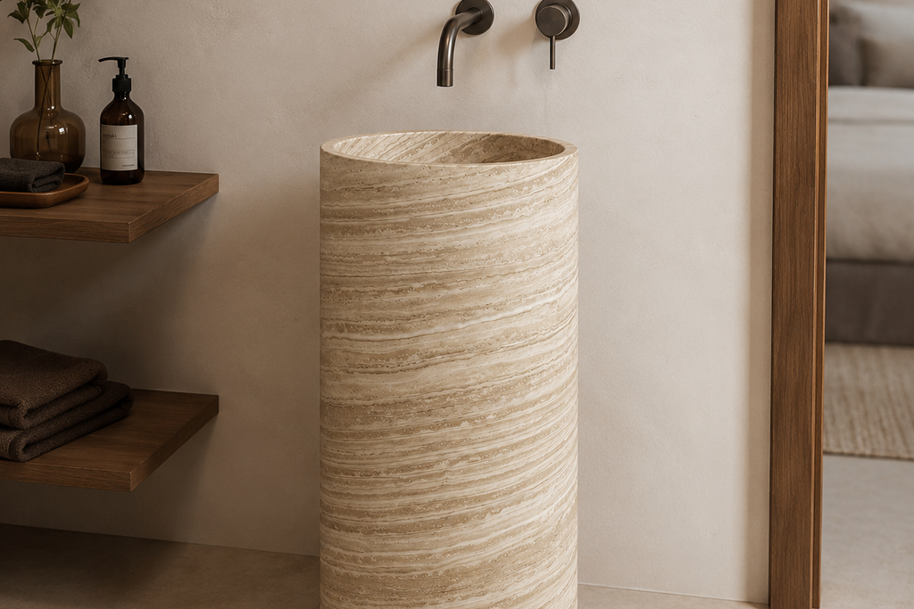 Travertine  Beige Pedestal Sink Elegant Round