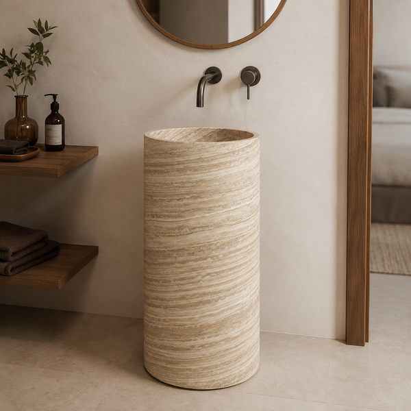Travertine  Beige Pedestal Sink Elegant Round