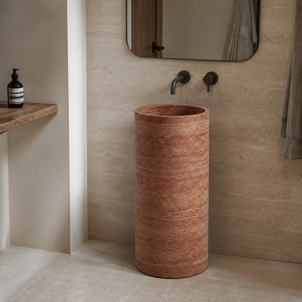 Travertine Red Pedestal Sink Elegant Round