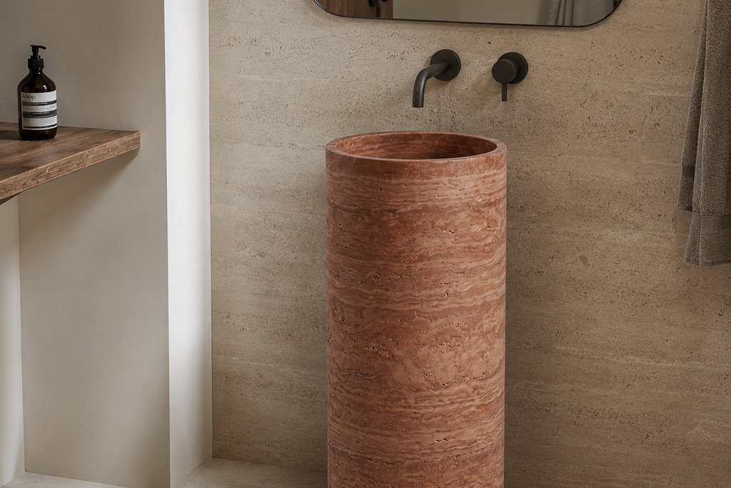 Travertine Red Pedestal Sink Elegant Round