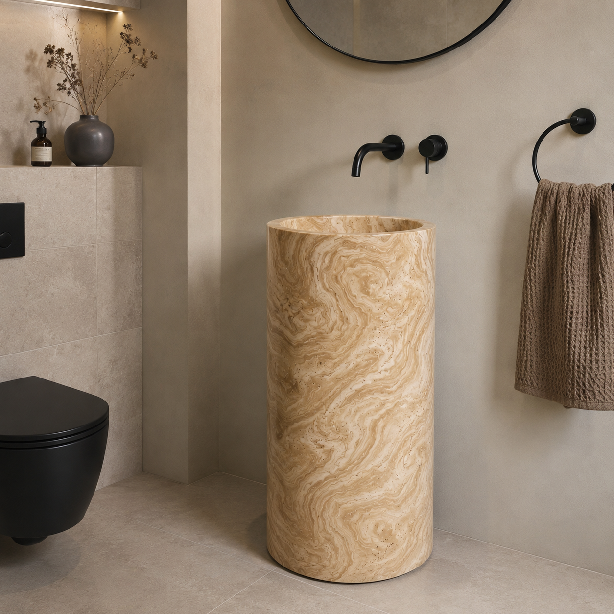 Travertine Serpentine Pedestal Sink Elegant Round