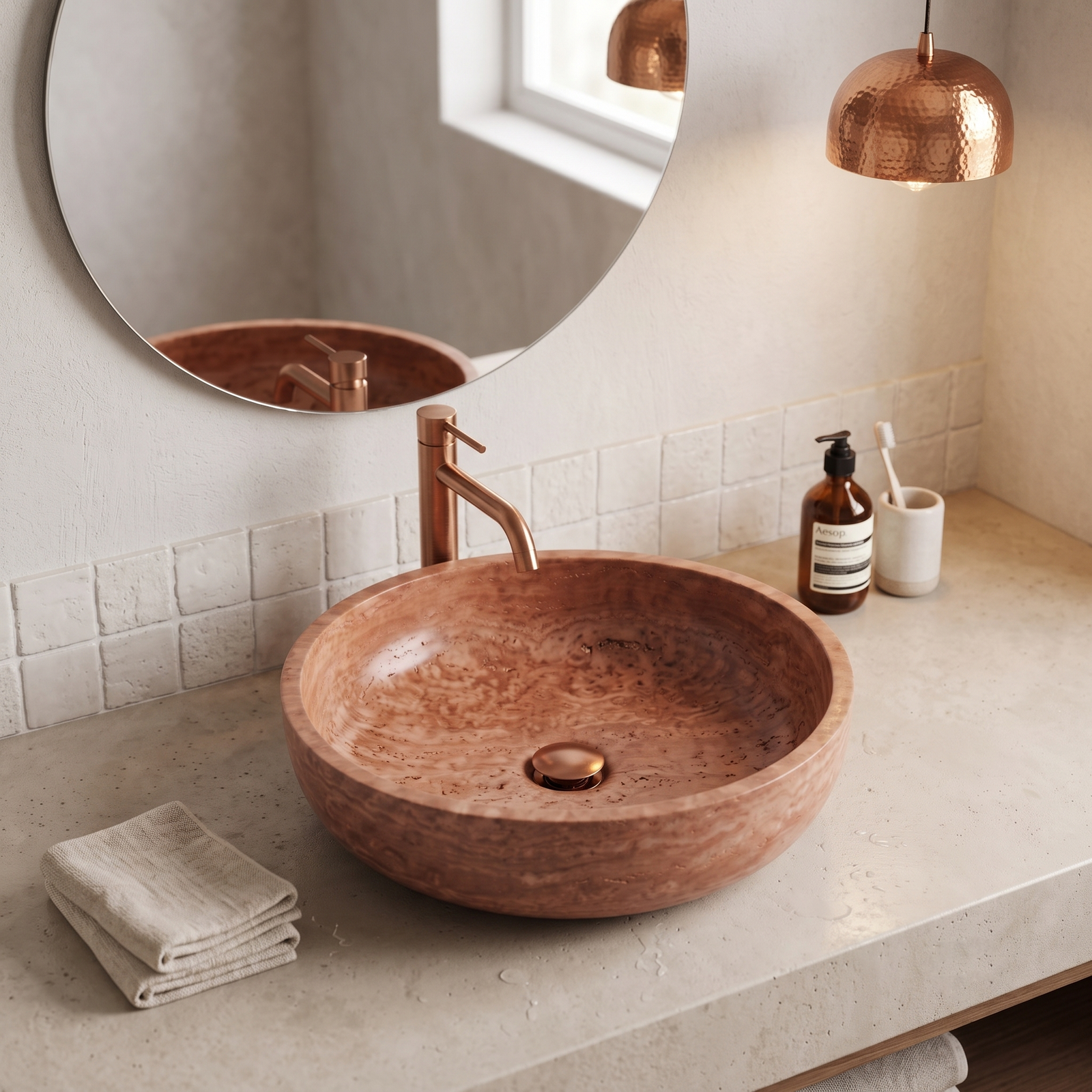Small Stone Basin Marble Travertine Red