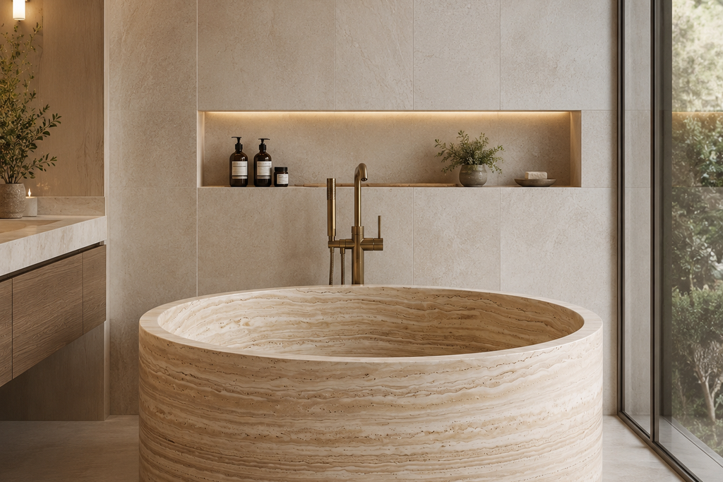 Stone Travertine Beige  Bathtub in Japanese Soaking Tub style 2 person extra Large