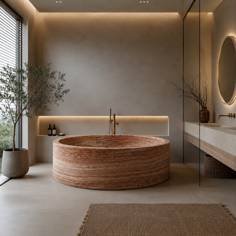 Travertine Red Stone Bathtub in Japanese Soaking Tub style 2 person extra Large