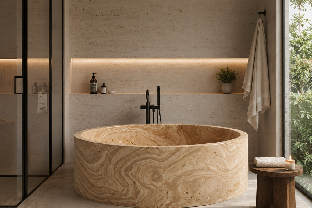 Stone  Travertine Serpentine Bathtub in Japanese Soaking Tub style 2 person extra Large