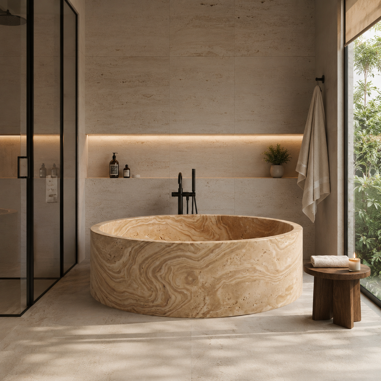 Travertine Serpentine Bathtub in Japanese Soaking Tub style 2 person extra Large