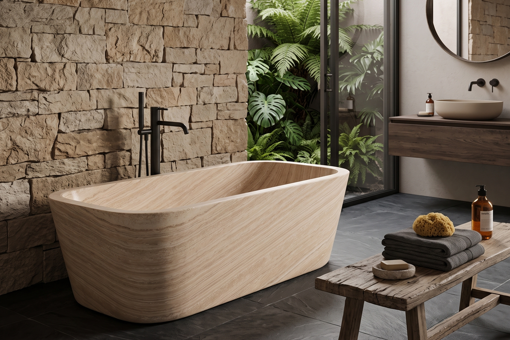 Travertine  Rectangular Freestanding Beige Bathtub