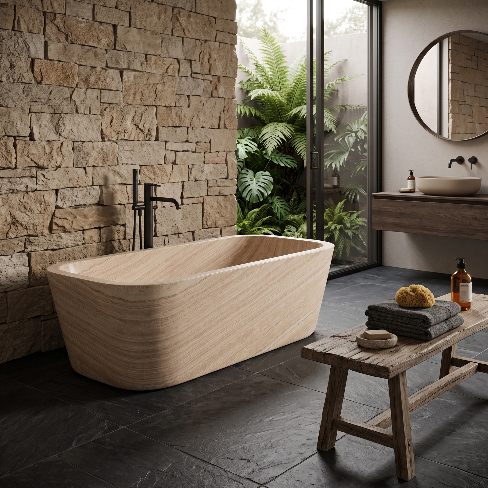 Travertine  Rectangular Freestanding Beige Bathtub