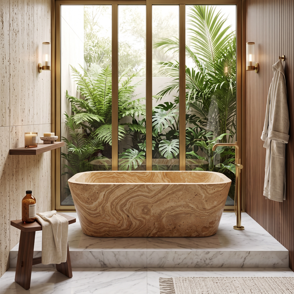 Travertine Rectangular Freestanding Serpentine Bathtub
