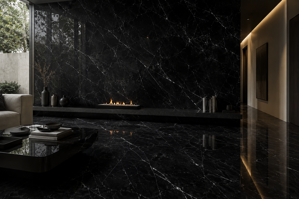 TILE BLACK POLISHED MARBLE 36" x 48" x 3/4" VEIN CUT